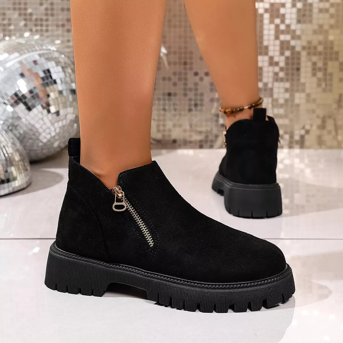 Round Toe Side Zip Ankle Boots 