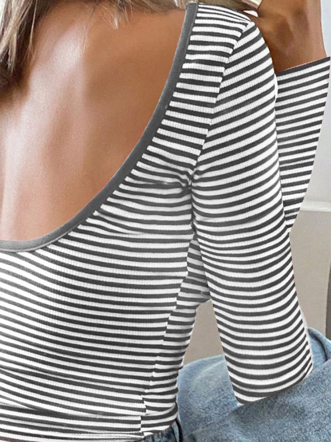 Devine Backless Striped Boat Neck Long Sleeve T-Shirt 