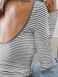 Devine Backless Striped Boat Neck Long Sleeve T-Shirt 