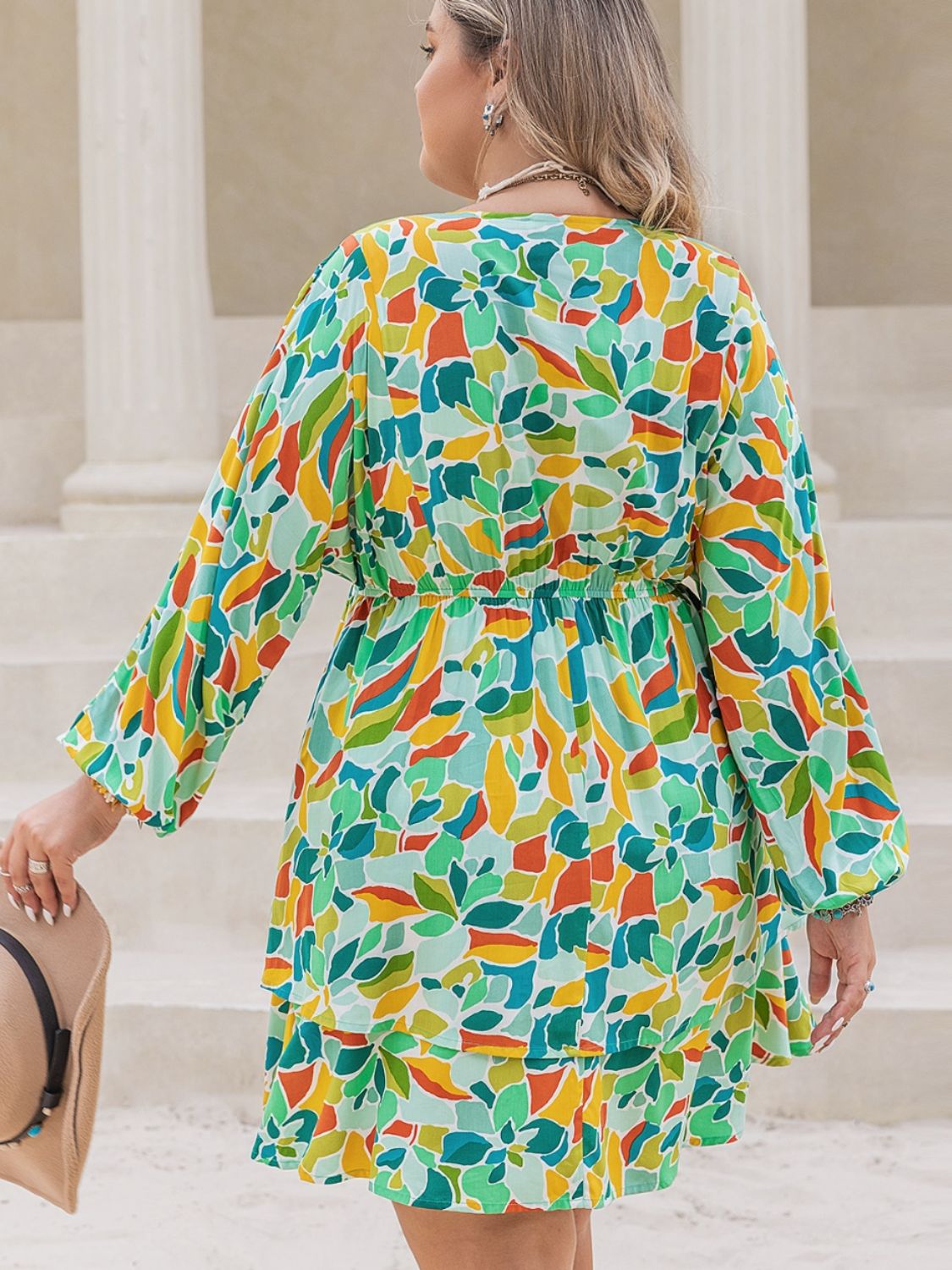 Plus Size Printed Surplice Long Sleeve Mini Dress 