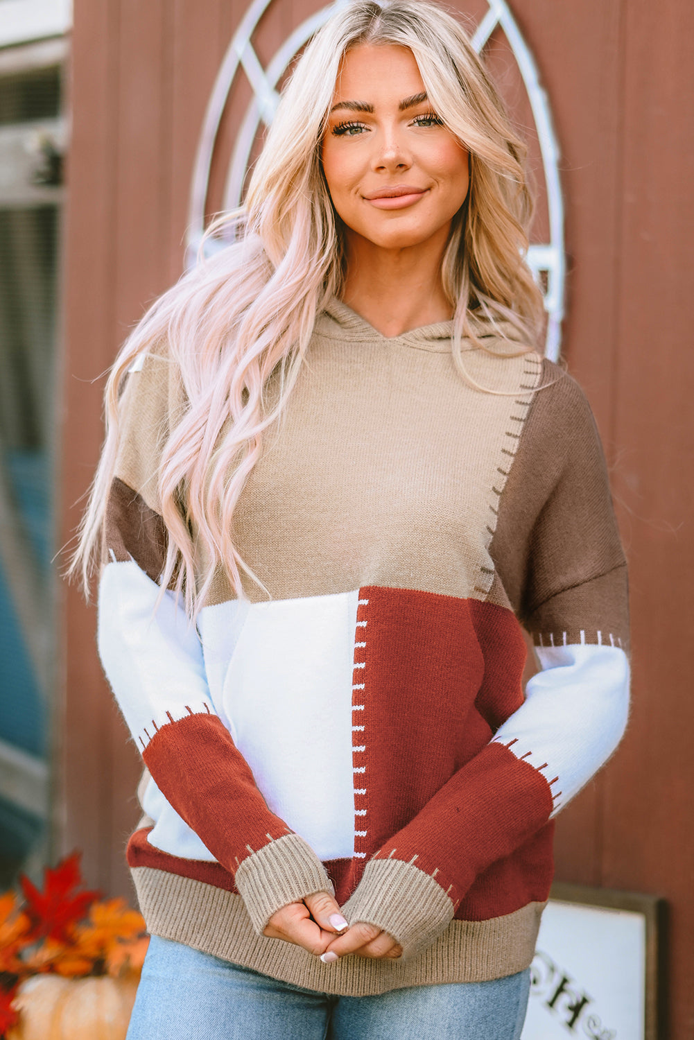Color Block Kangaroo Pocket Hooded Sweater 