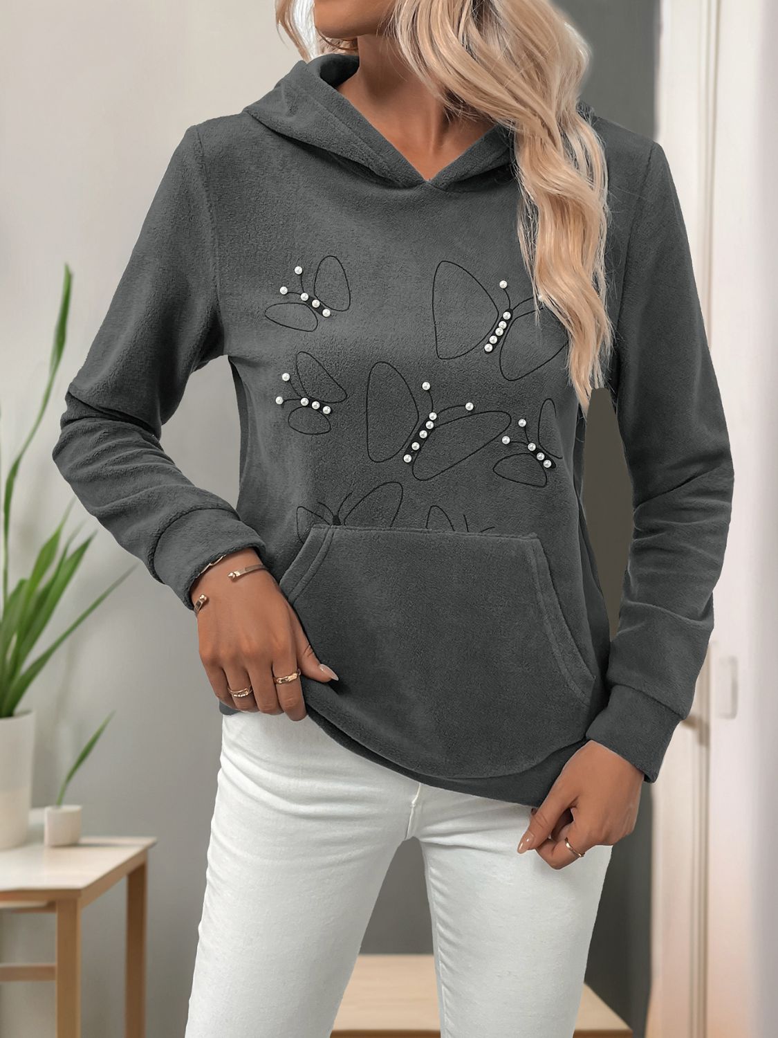 Perfee Pearl Butterfly Long Sleeve Hoodie 