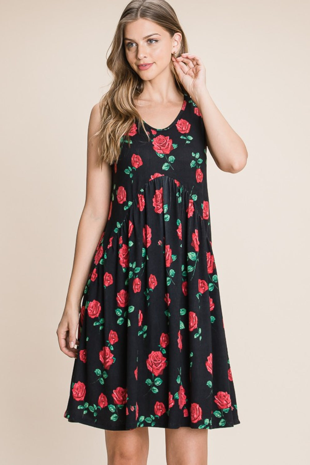 BOMBOM Floral Ruched Tank Dress 