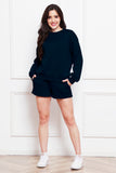 Round Neck Long Sleeve Sweatshirt and Drawstring Shorts Set 