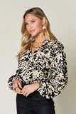 Double Take Full Size Printed Ruffle Trim Balloon Sleeve Shirt 