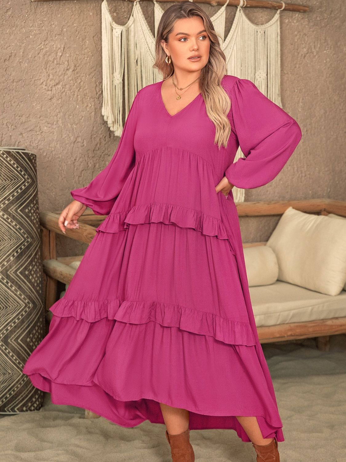 Plus Size Ruffled V-Neck Long Sleeve Dress 