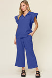 Double Take Texture Ruffle Short Sleeve Top and Drawstring Wide Leg Pants Set 
