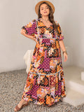 Plus Size Printed V-Neck Half Sleeve Maxi Dress 