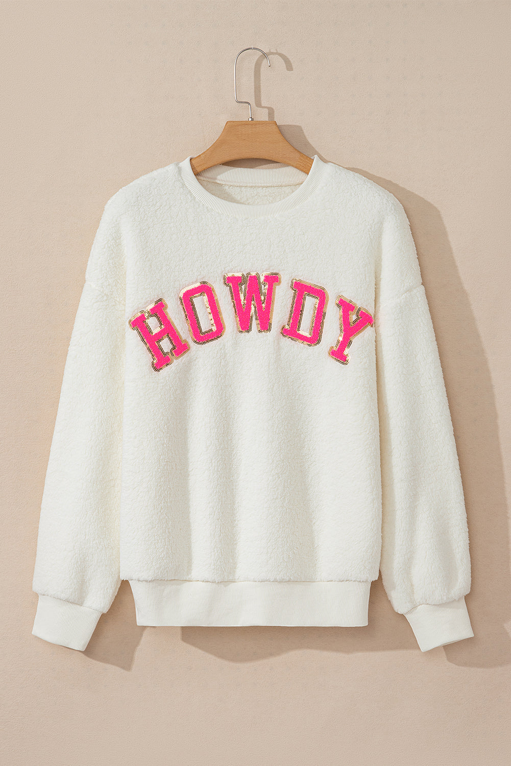 HOWDY Patched Round Neck Sherpa Sweatshirt 