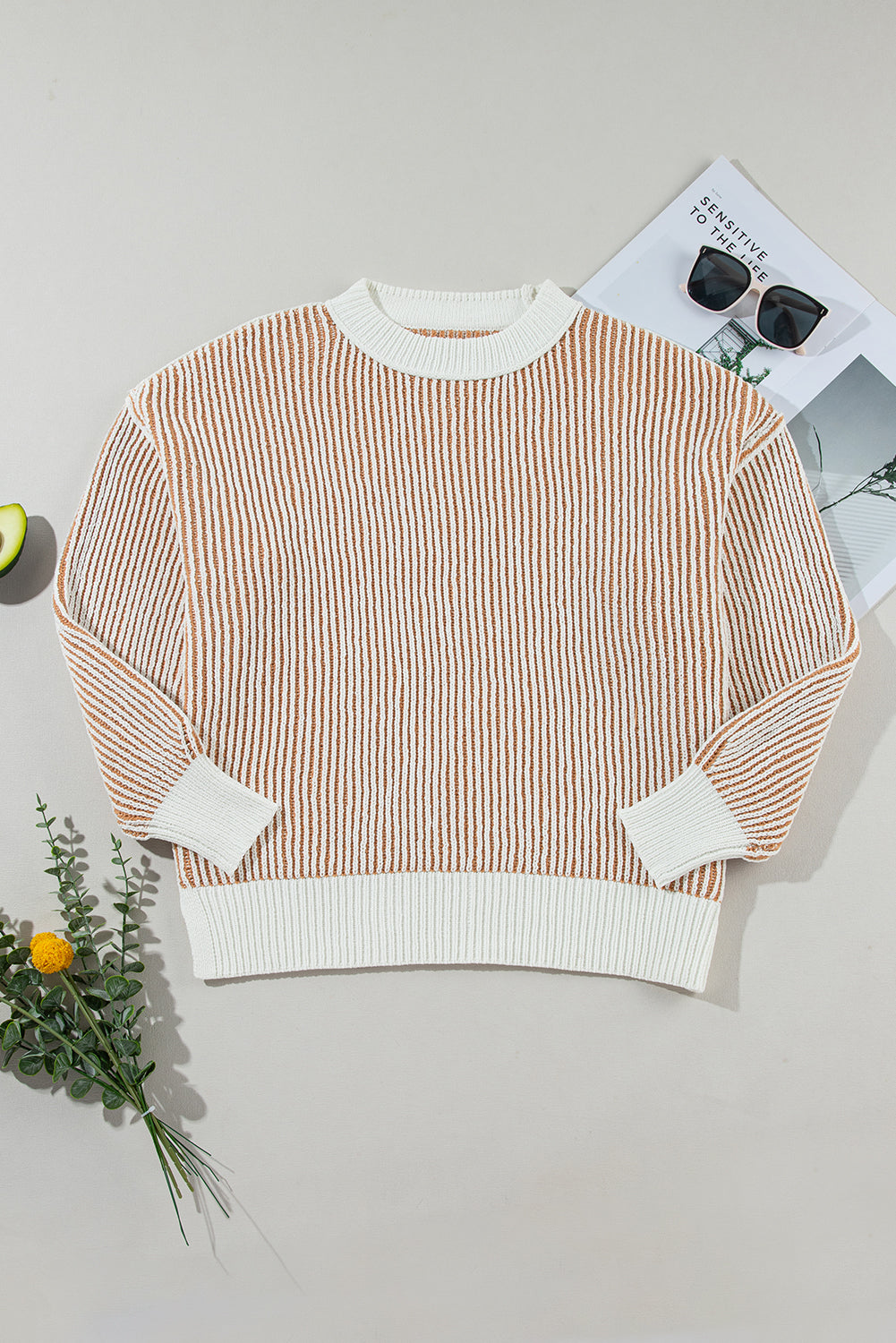 Chestnut Striped Textured Knit Contrast Edge Loose Sweater Sweaters & Cardigans/Sweaters