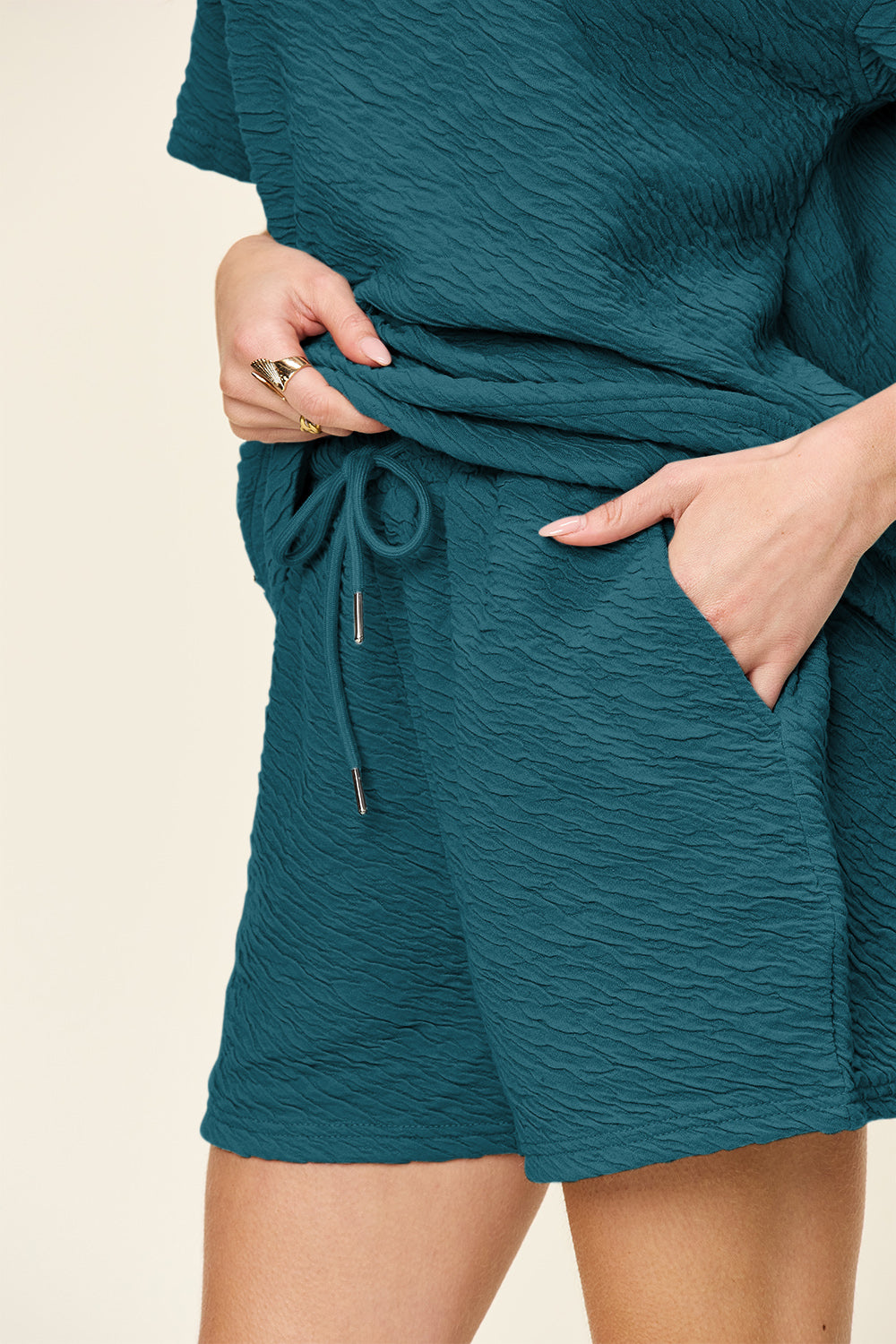 Double Take Full Size Texture Short Sleeve T-Shirt and Drawstring Shorts Set 