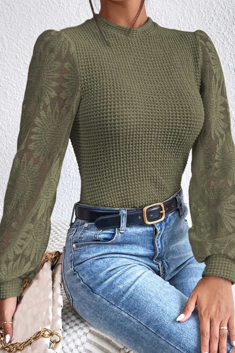 Mock Neck Lace Long Sleeve Top 