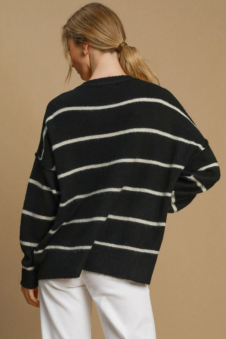 Umgee Wool Blend Striped Round Neck Sweater 