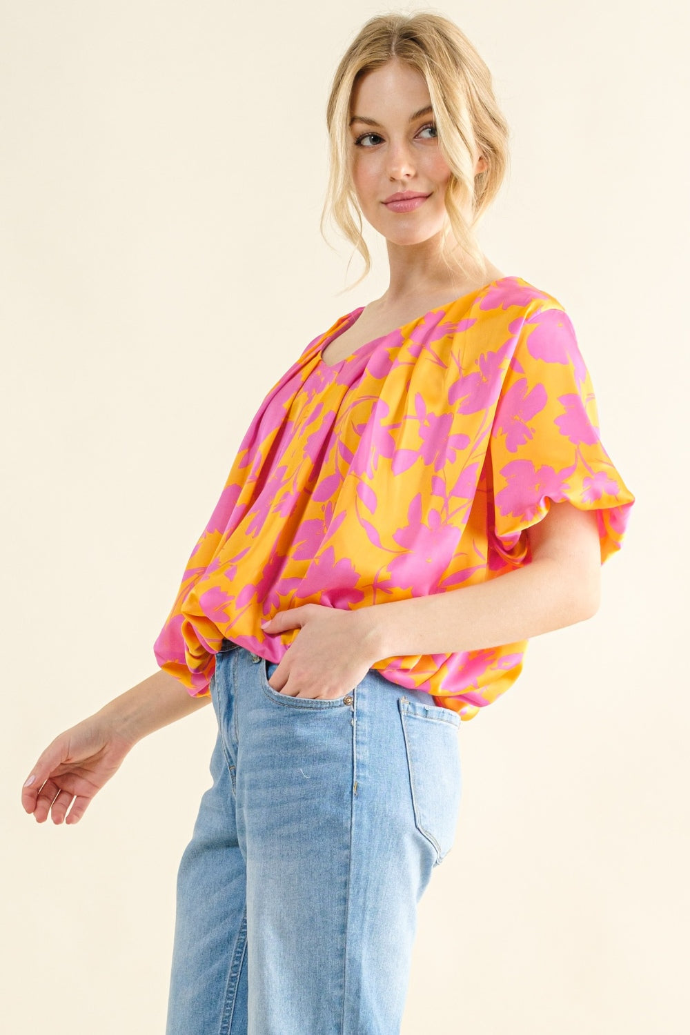 And The Why Full Size Printed Satin Bubble Hem Top 