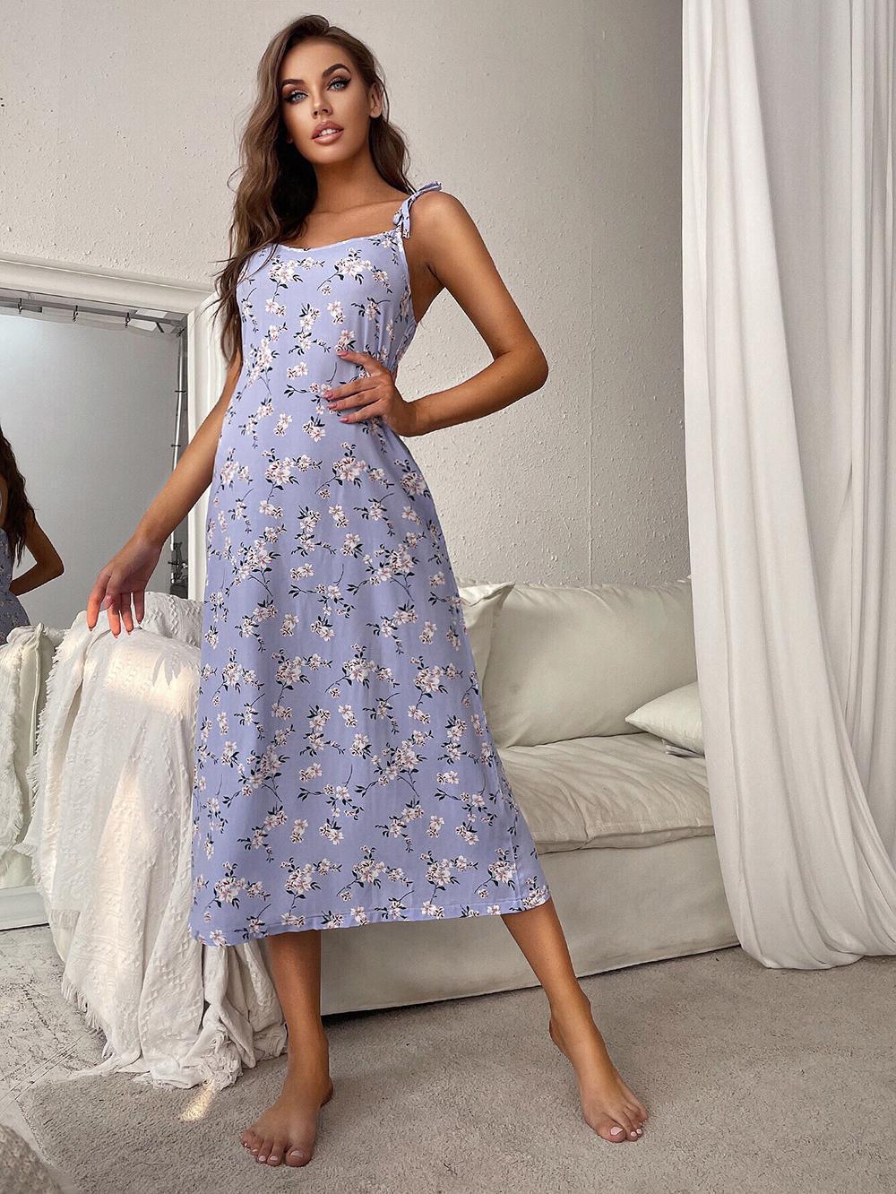 Printed Tie Shoulder Midi Night Dress 