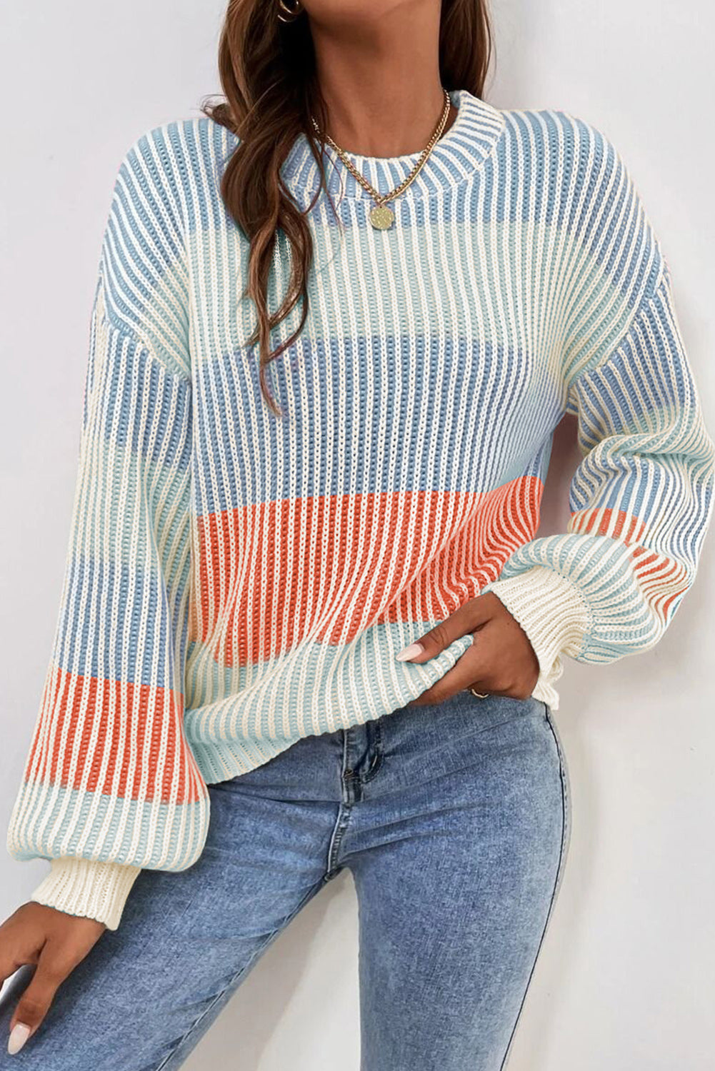 Pink Colorblock Textured Knit Bubble Sleeve Sweater Sweaters & Cardigans/Sweaters