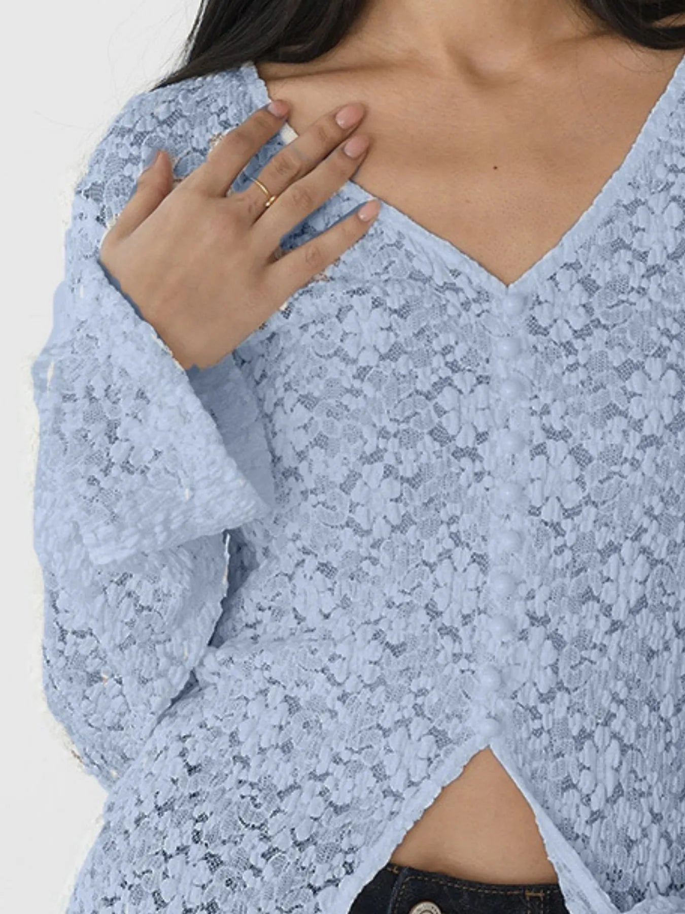 Lace V-Neck Flare Sleeve T-Shirt 