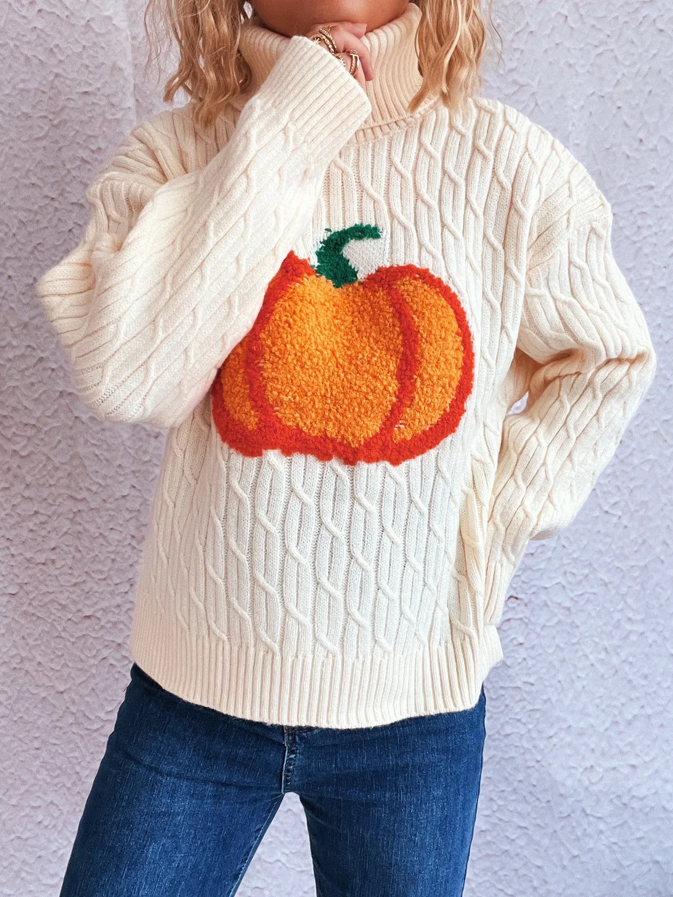Pumpkin Turtleneck Long Sleeve Sweater 