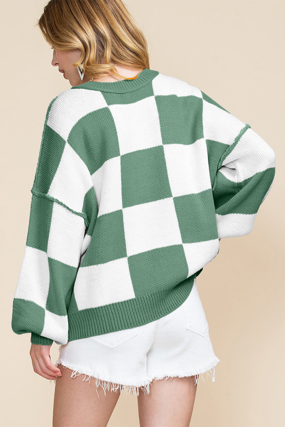 Green Checkered Bishop Sleeve Sweater Sweaters & Cardigans/Sweaters