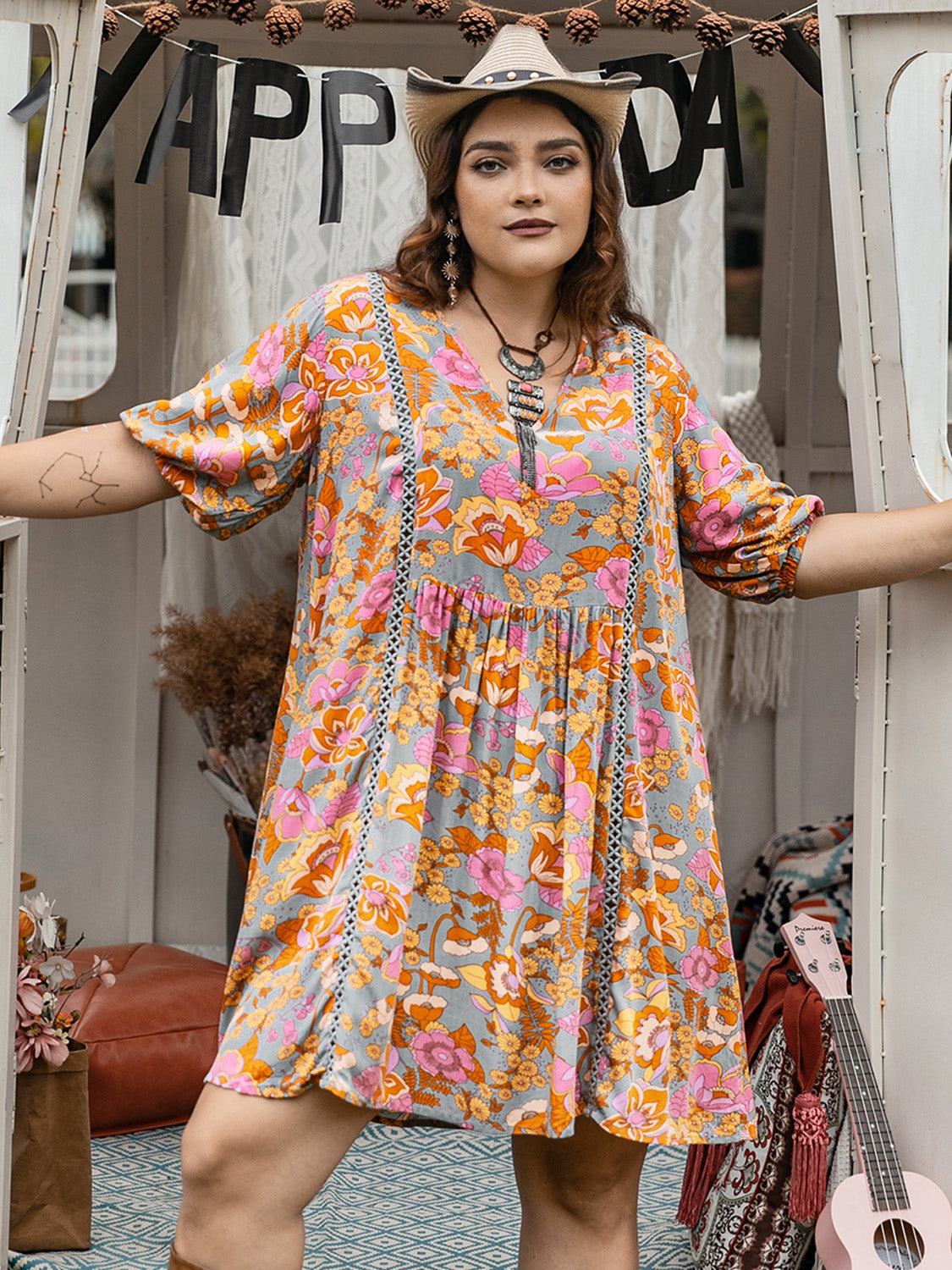 Plus Size Ruched Printed Half Sleeve Mini Dress 