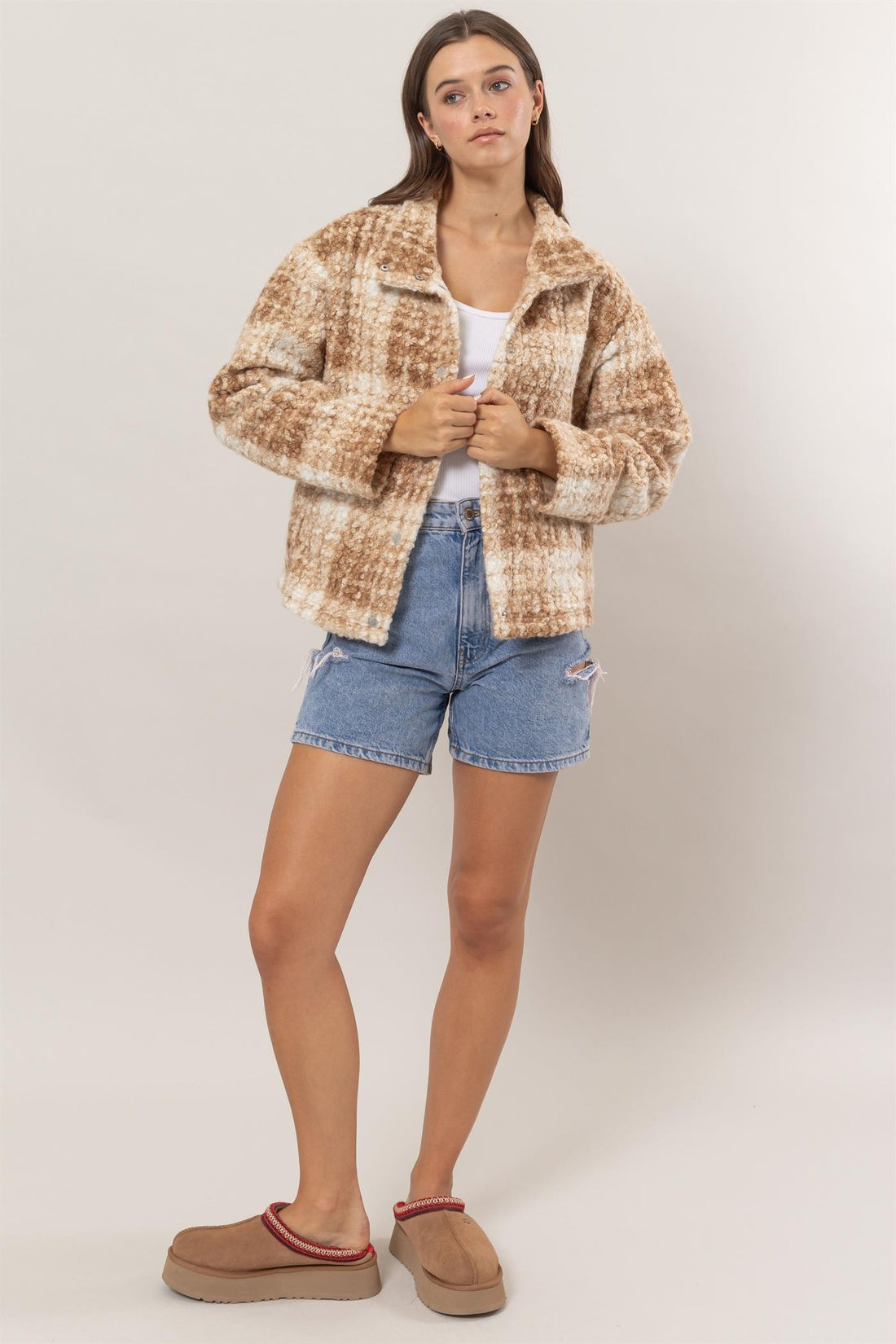 HYFVE Plaid Collared Neck Boucle Jacket with Pockets 