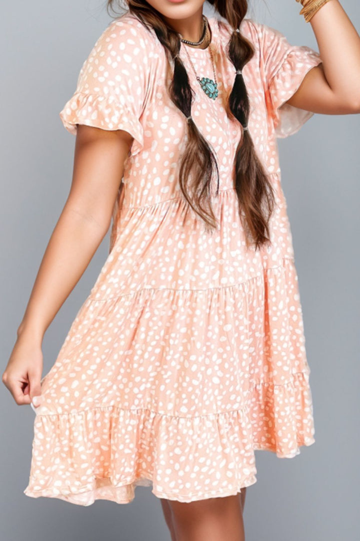 Plus Size Printed Round Neck Flounce Sleeve Mini Dress 