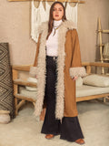 Plus Size Furry Trim Open Front Long Sleeve Coat 