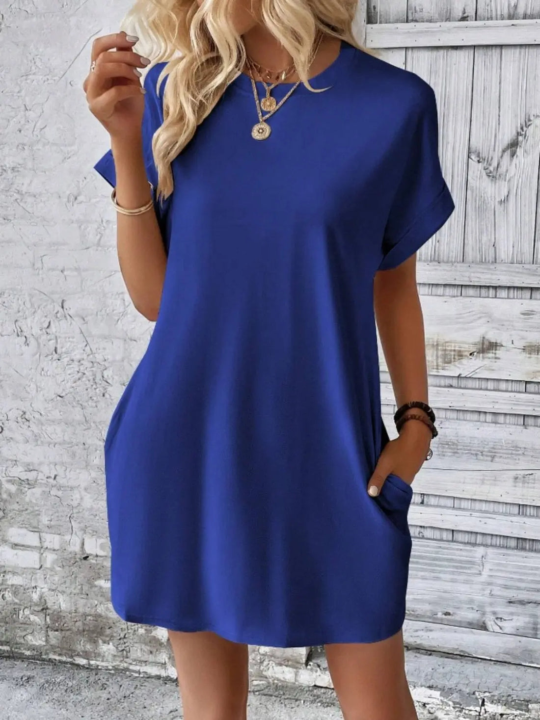 Pocketed Round Neck Short Sleeve Dress 