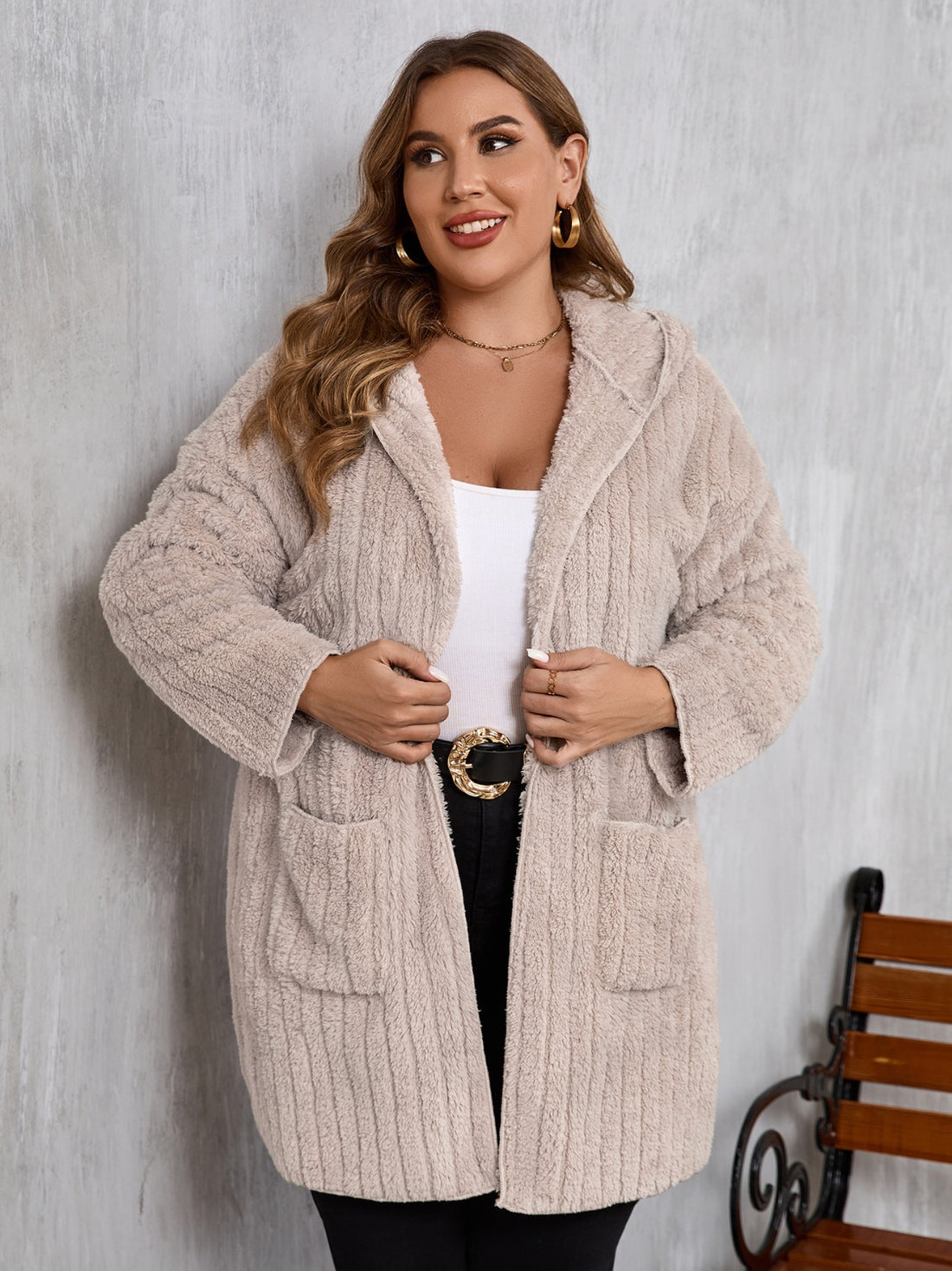 Plus Size Open Front Long Sleeve Hooded Fuzzy Jacket 