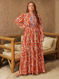 Plus Size Printed Notched Long Sleeve Maxi Dress 