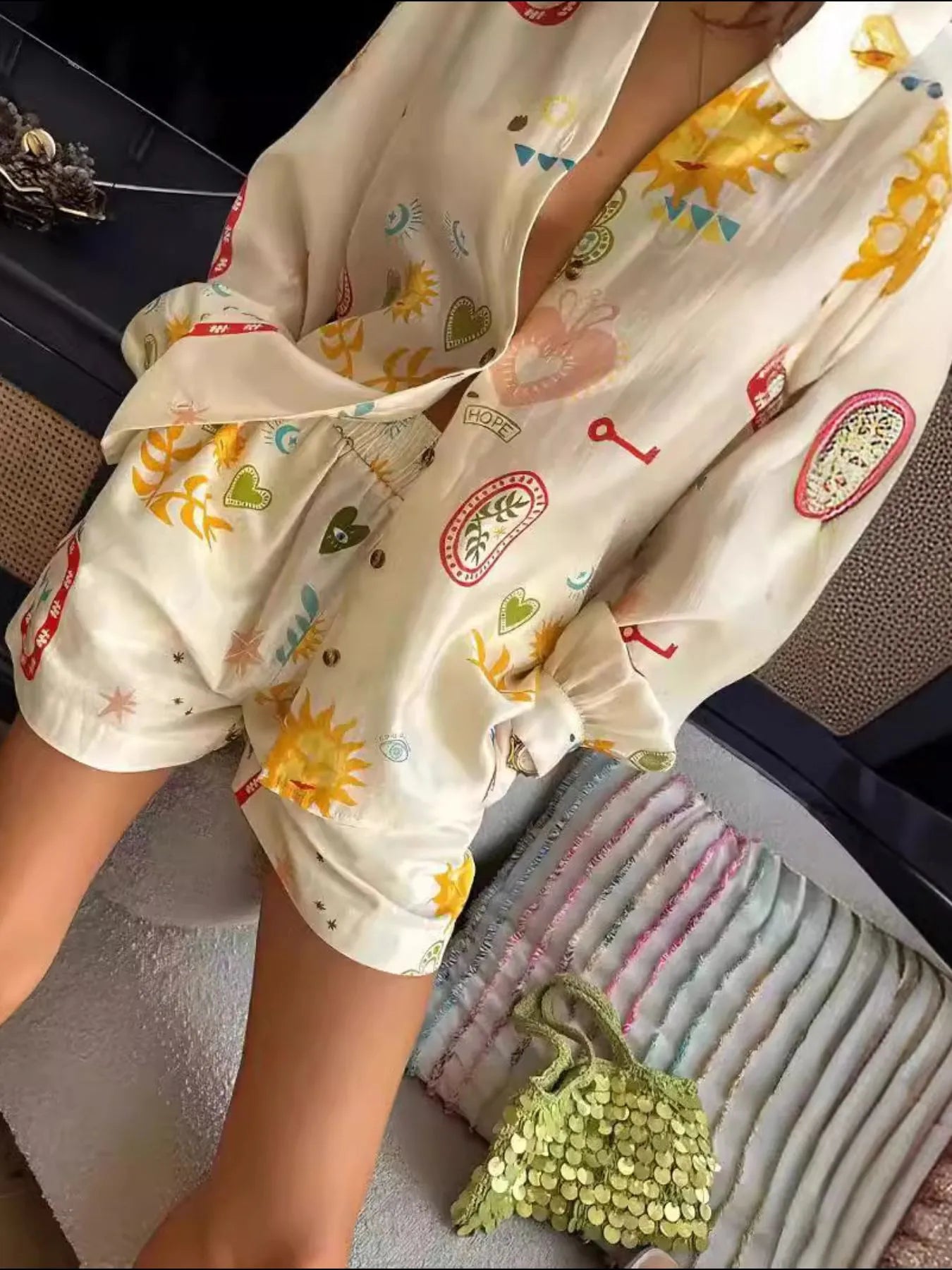 Printed Long Sleeve Shirt and Shorts Set Two Piece Dresses