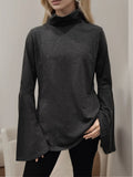 Shiny Flare Sleeve Mock Neck Slit T-Shirt 