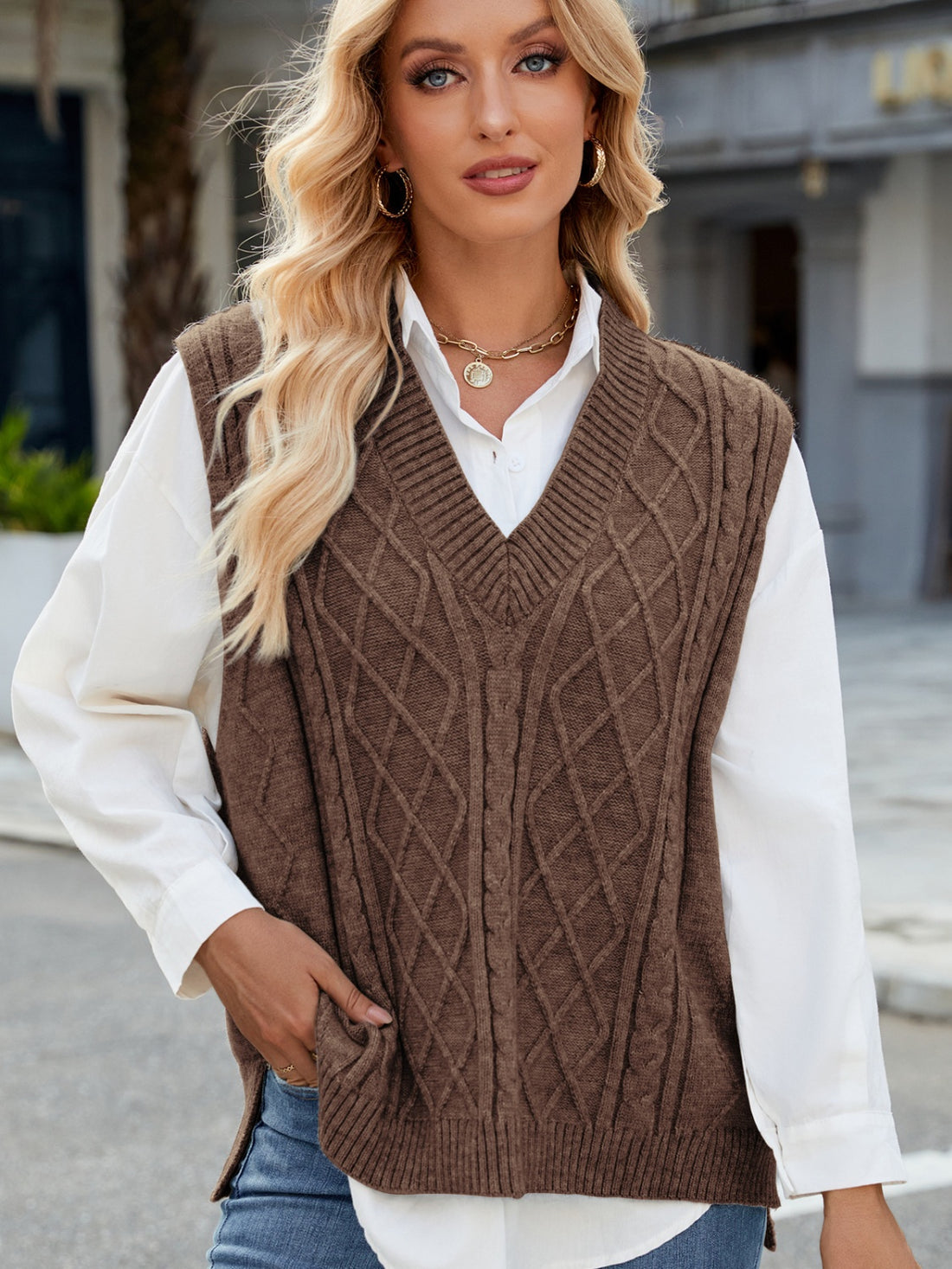 Cable Knit V-Neck Sweater Vest 