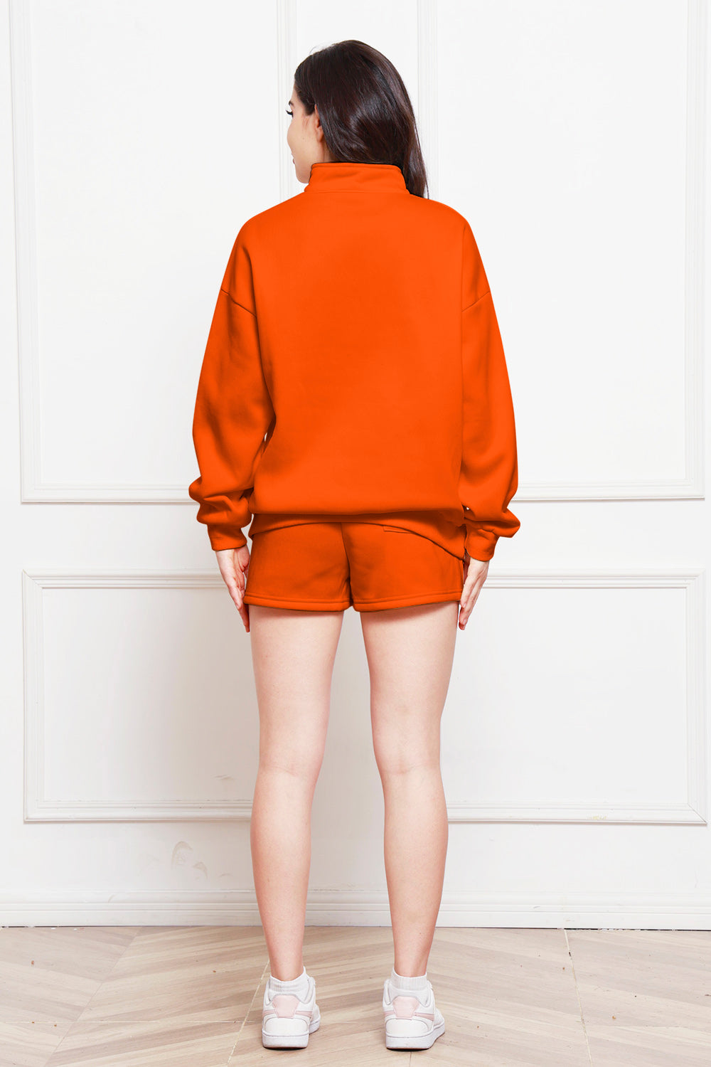 Half Zip Long Sleeve Sweatshirt and Drawstring Shorts Set 