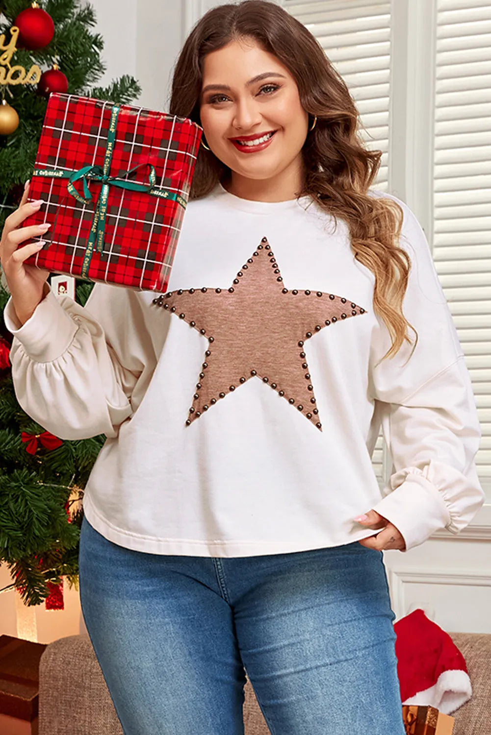 Plus Size Studded Star Round Neck Long Sleeve Blouse 