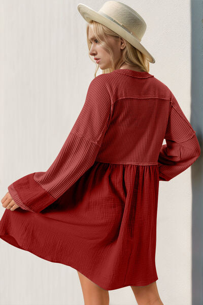 Double Take Waffle-Knit Contrast Half Button V-Neck Long Sleeve Mini Dress 