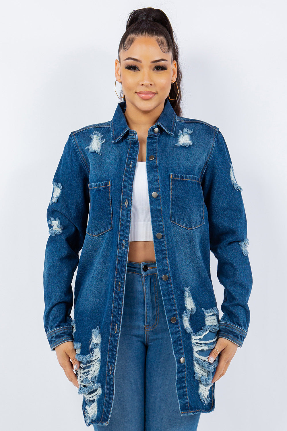 American Bazi Distressed Button Up Long Sleeve Denim Jacket 