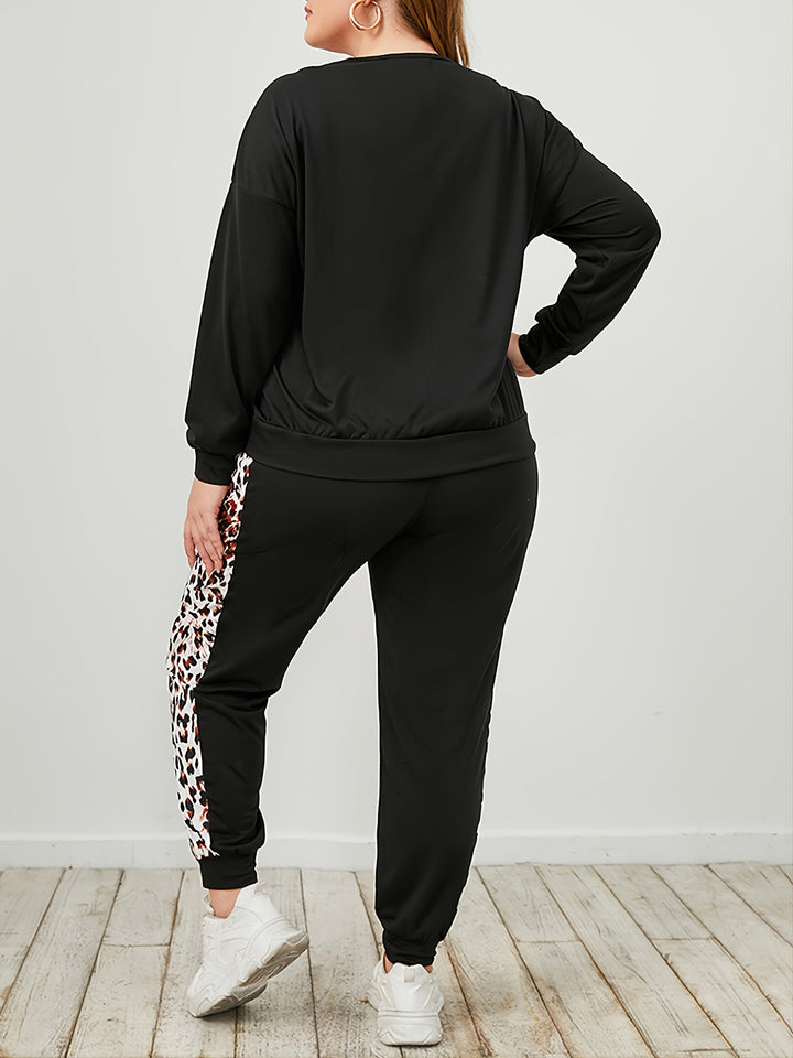 Plus Size Leopard Sweatshirt and Sweatpants Set 