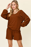 Double Take Full Size Texture V-Neck Long Sleeve T-Shirt and Shorts Set 