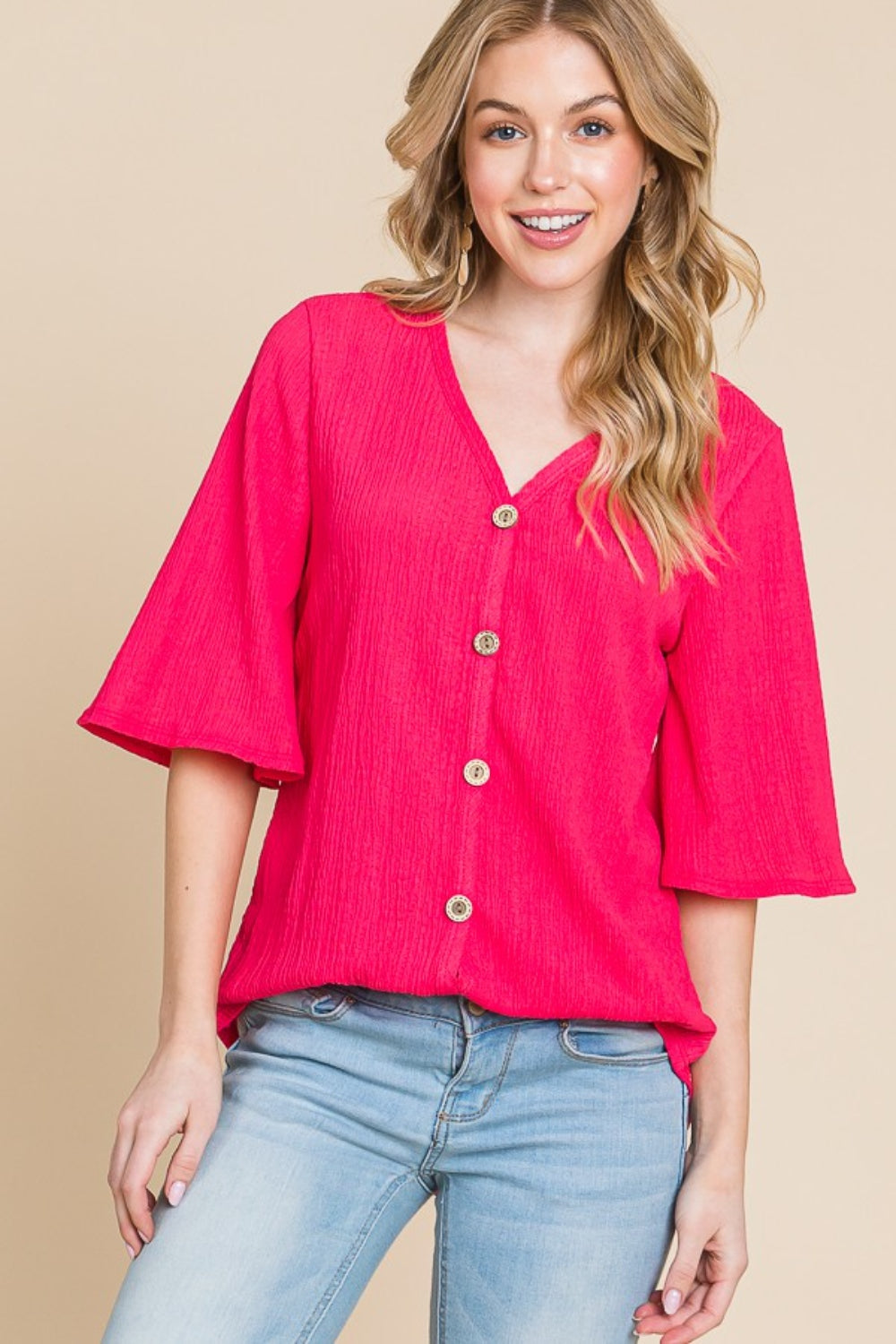 BOMBOM Texture Decorative Button V-Neck Top 