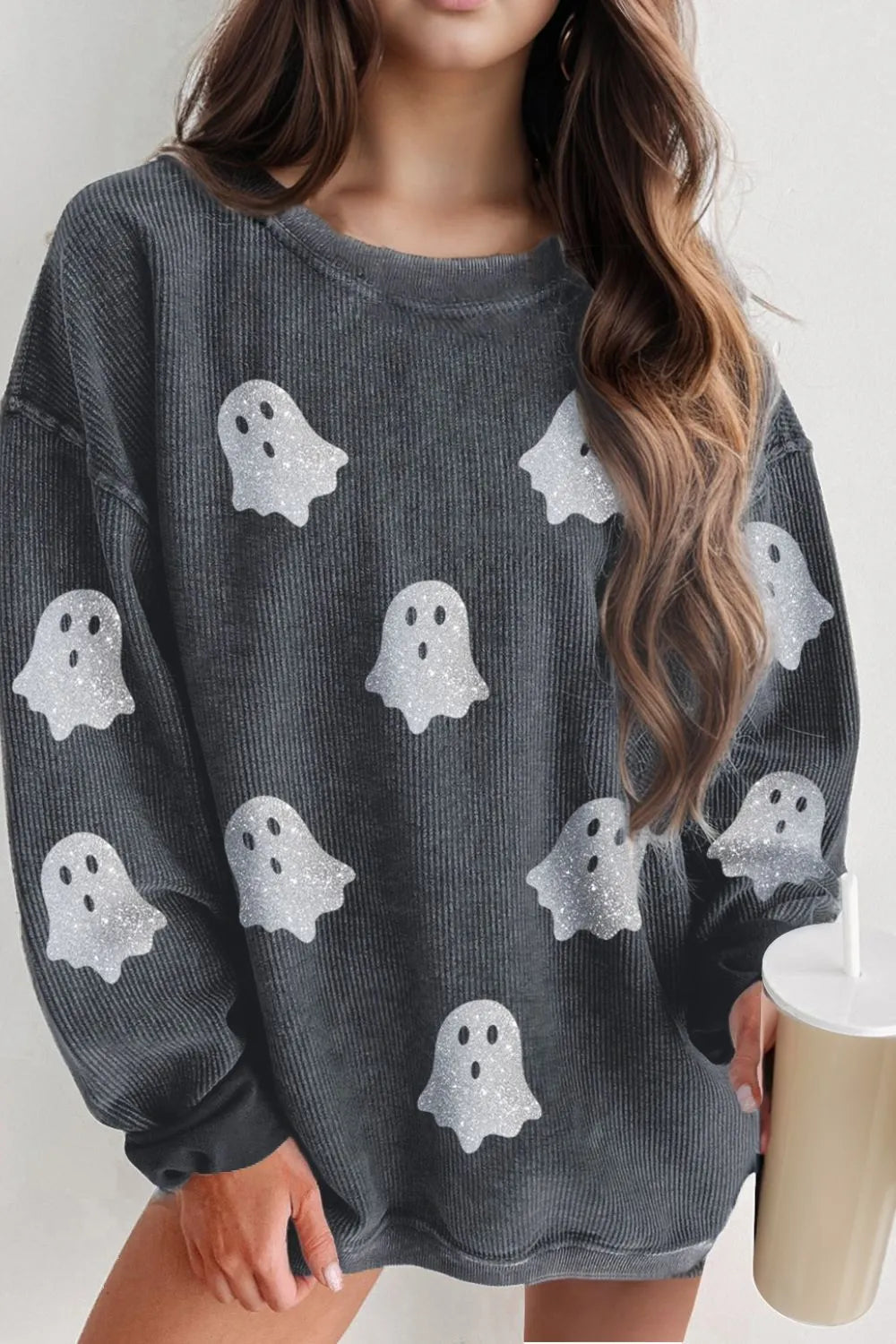 Glitter Ghost Round Neck Long Sleeve Sweatshirt 