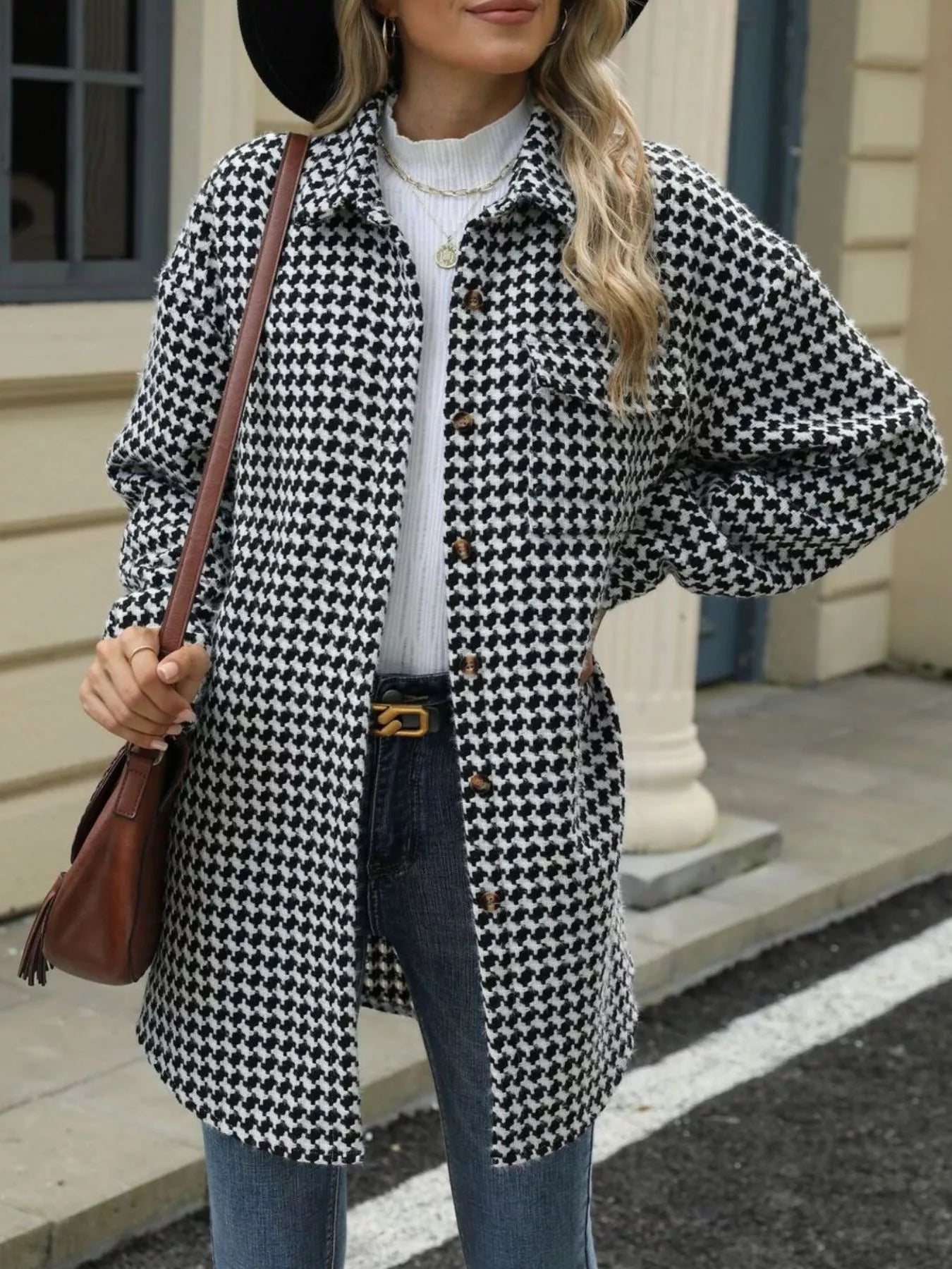 Houndstooth Button Up Long Sleeve Coat 
