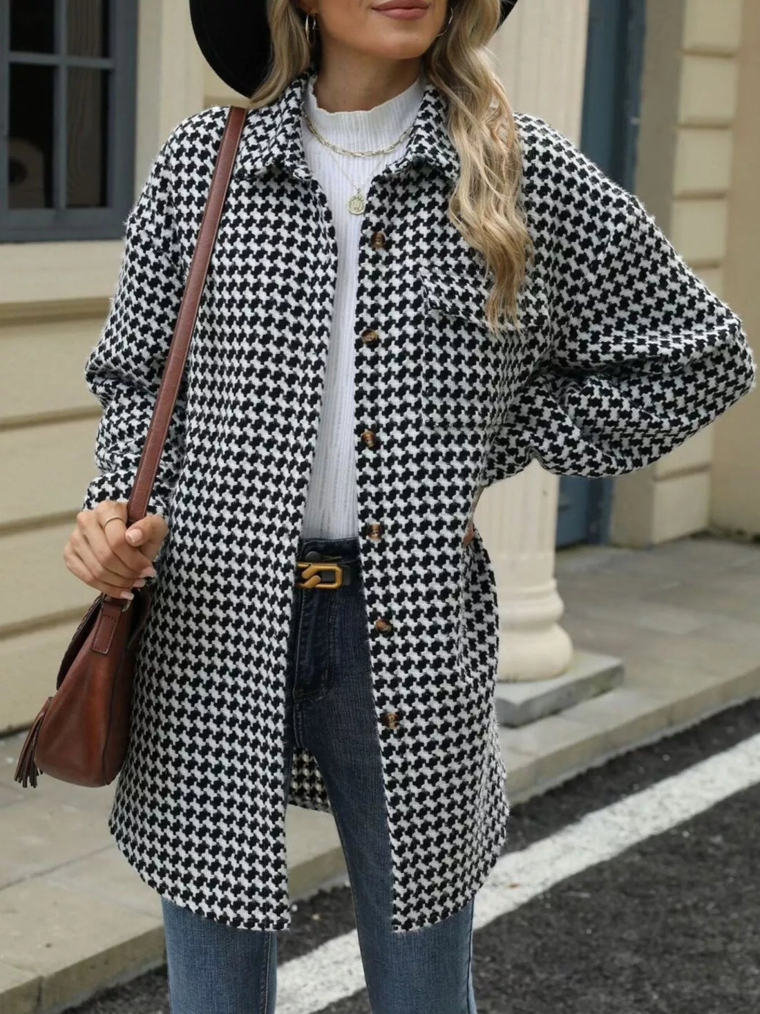 Houndstooth Button Up Long Sleeve Coat 