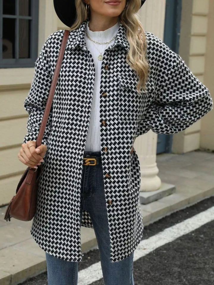 Houndstooth Button Up Long Sleeve Coat 