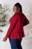 Double Take Half Button Long Sleeve Ruffle Hem Blouse 