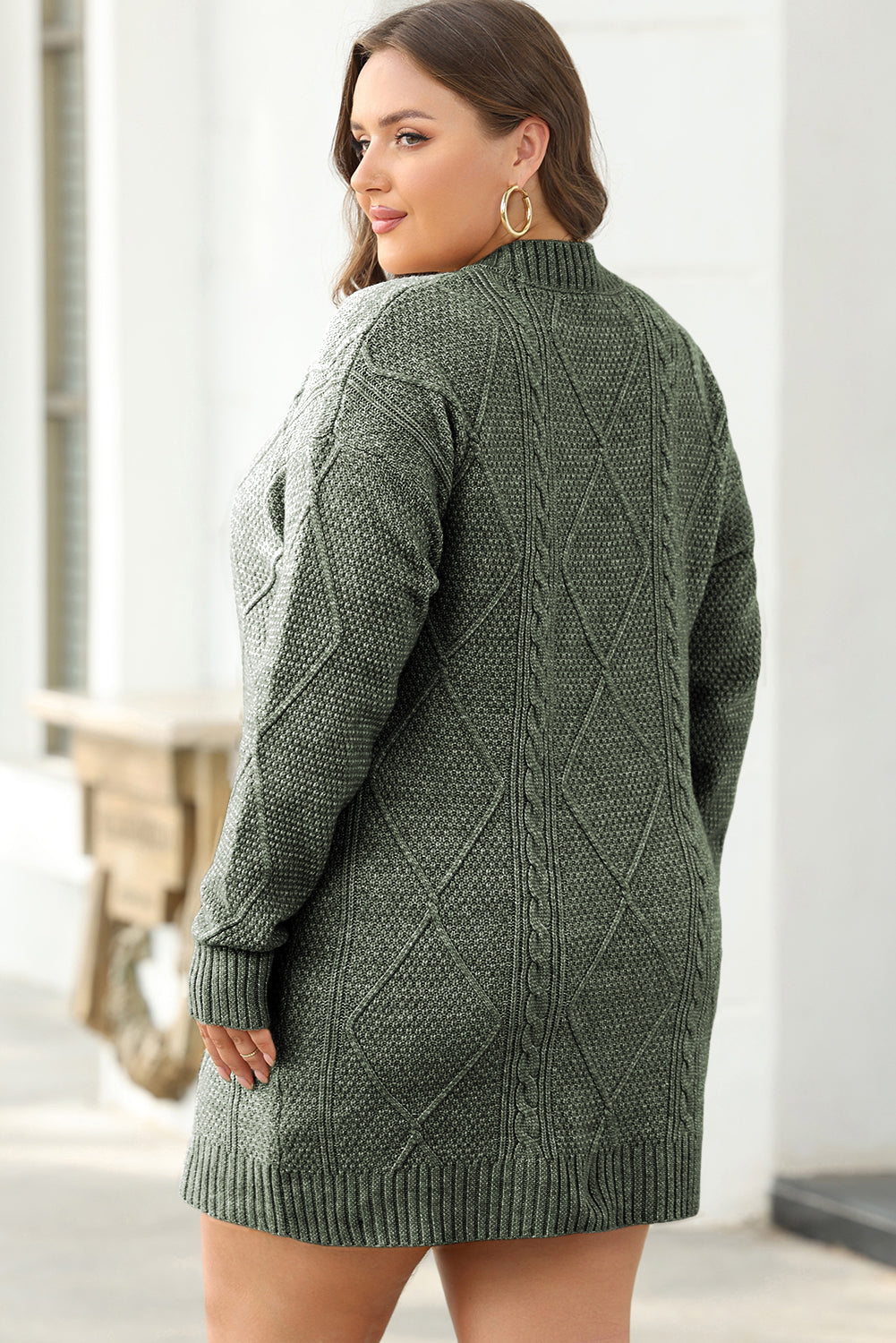 Mist Green Cable Knit Drop Shoulder Loose Fit Sweater Dress Sweaters & Cardigans/Sweater Dresses