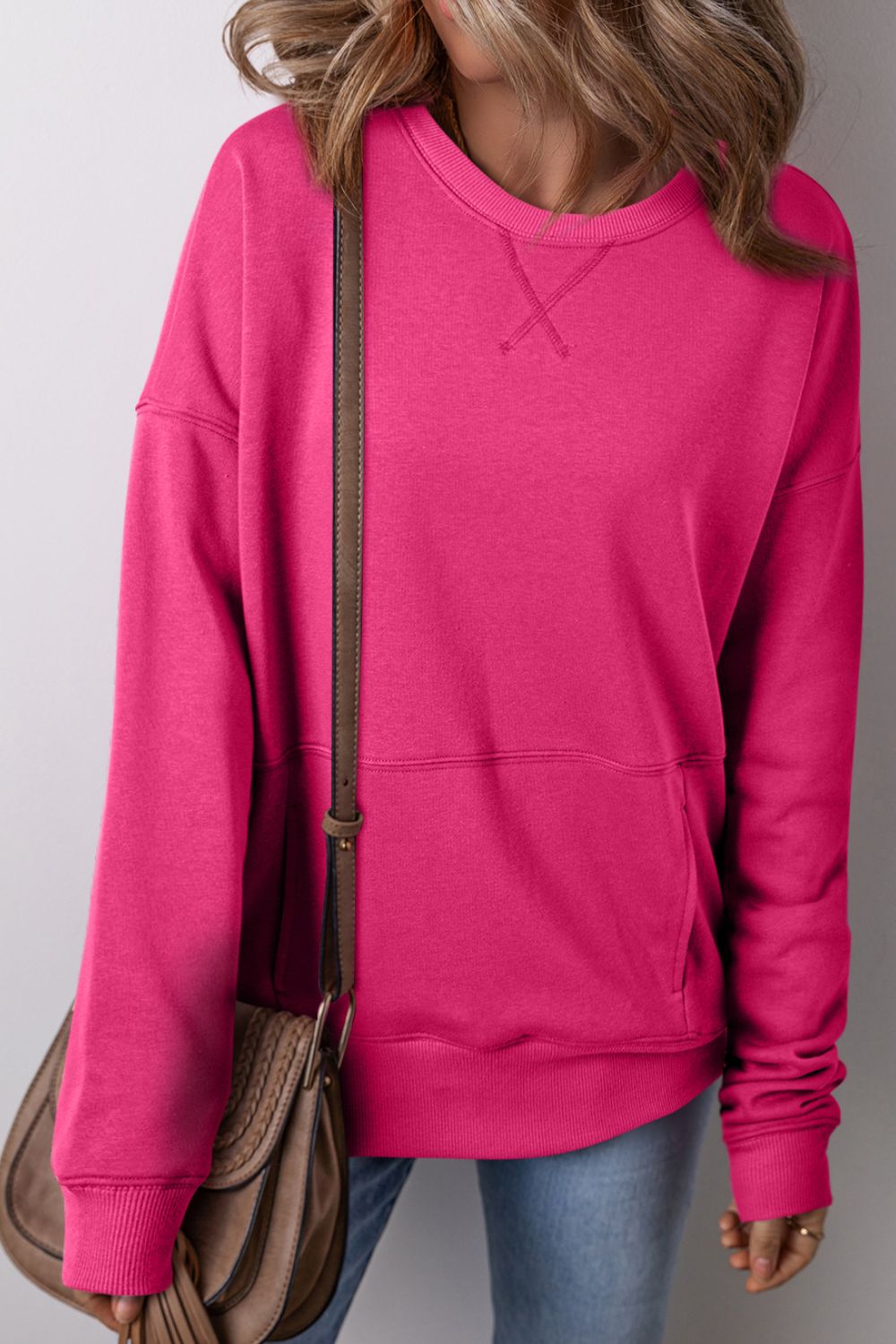 Solid Color Round Neck Long Sleeve Sweatshirt 