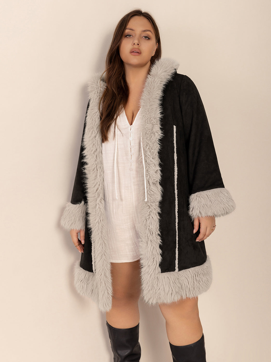 Plus Size Fuzzy Trim Open Front Long Sleeve Hooded Coat 