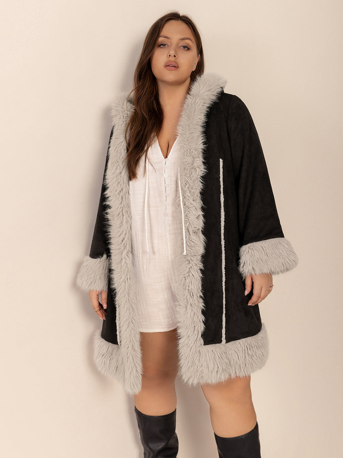 Plus Size Fuzzy Trim Open Front Long Sleeve Hooded Coat 
