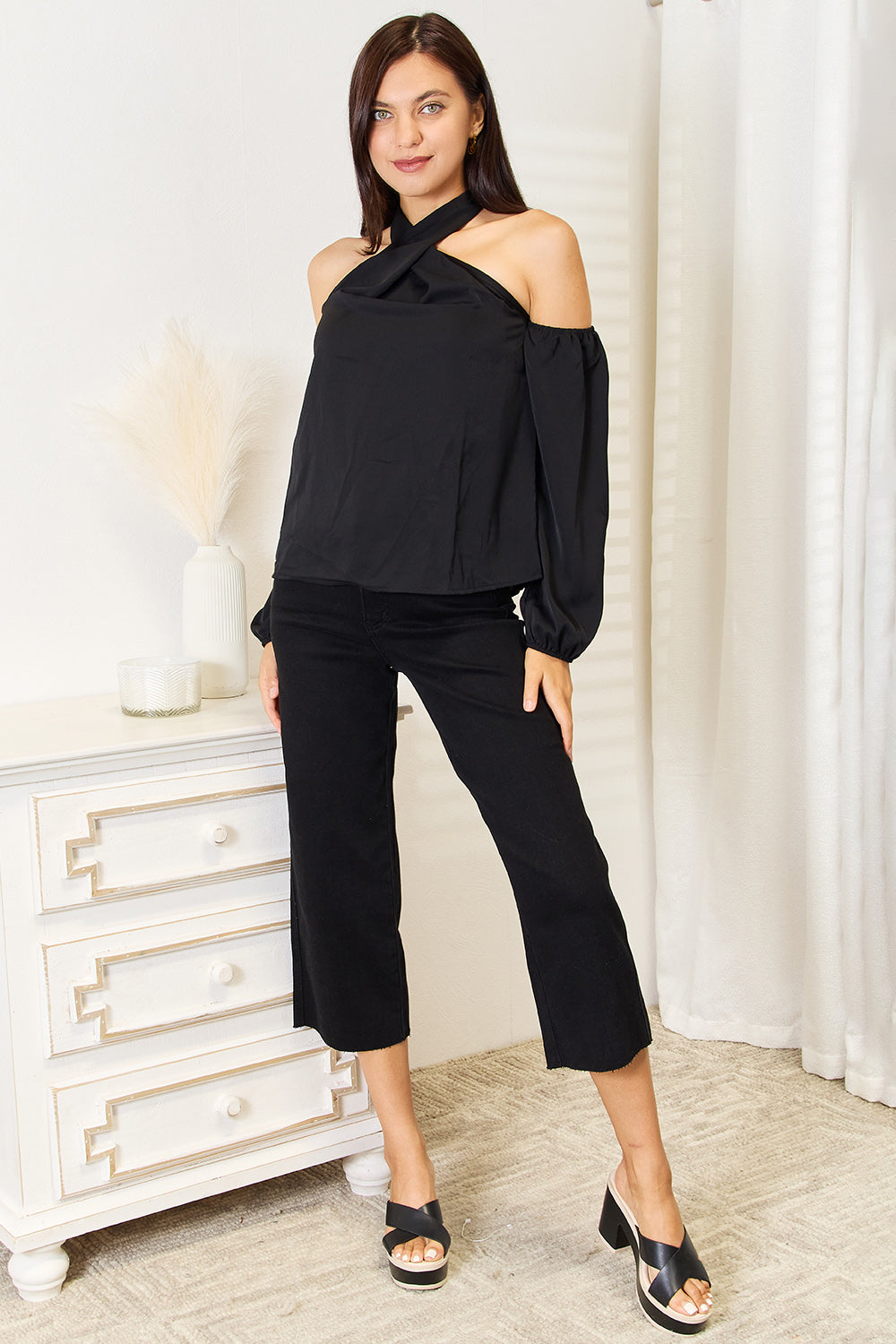 Perfee Grecian Cold Shoulder Long Sleeve Blouse 